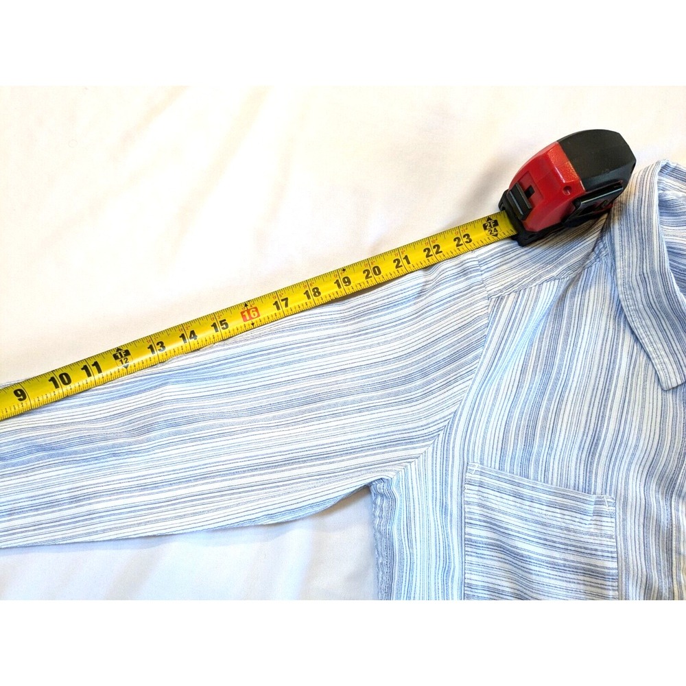 ATHLETA Womens Sz M Blue Stripe Button Pocket Curved Hem Viscose Roll Tab Sleeve - Picture 16 of 16